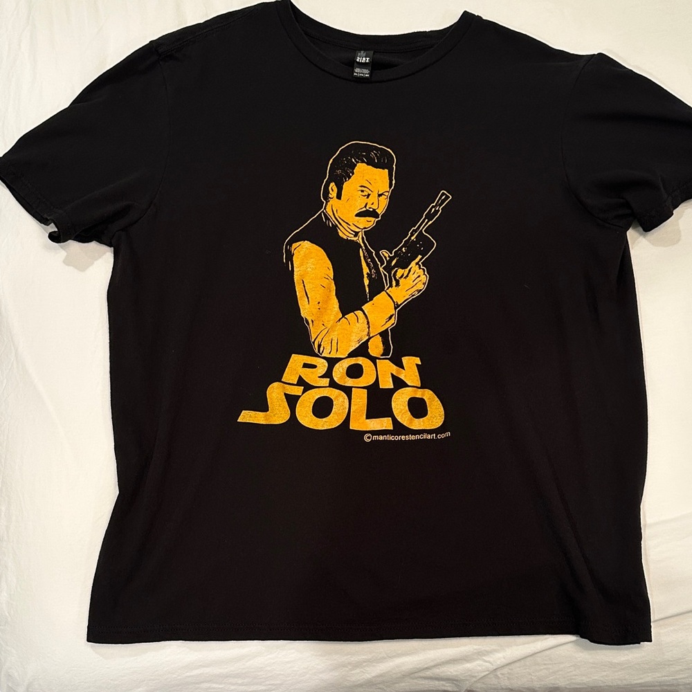Ron Swanson as Han Solo Black Graphic T-Shirt with Yellow Print, Men’s XXL.